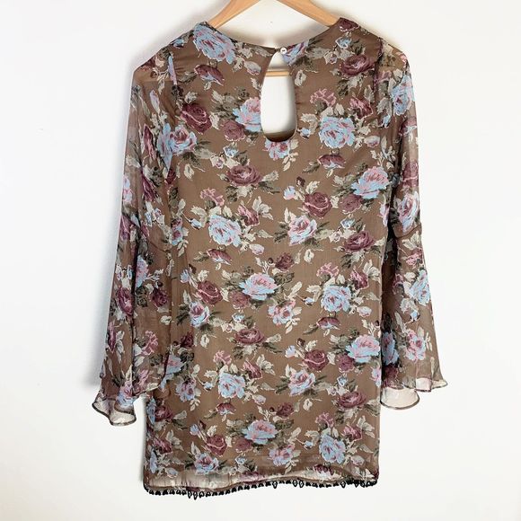 Dee Elle Shift Dress Medium Brown Floral Print Flared Bell Sleeve Crochet Boho M - Picture 6 of 8